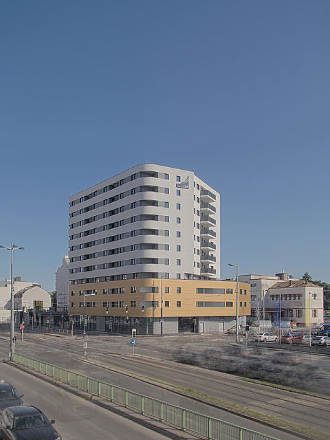 Livebild Baukamera 1 - Webcam 'Gesamtpanorama Nordwestseite' - Baustelle Neubau Wohnturm Genochplatz 1, Wien-Stadlau (ca. 5 Minuteninterval)